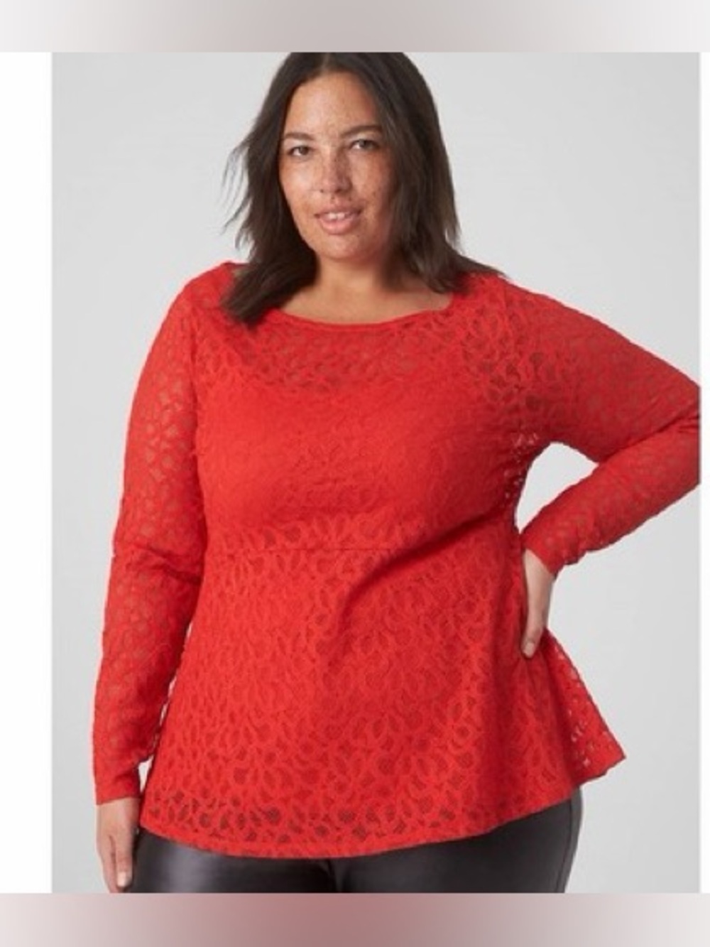 Lane Bryant Red Lace Peplum Blouse Size 20 Long Sleeve Boat Neck Stretch Tunic